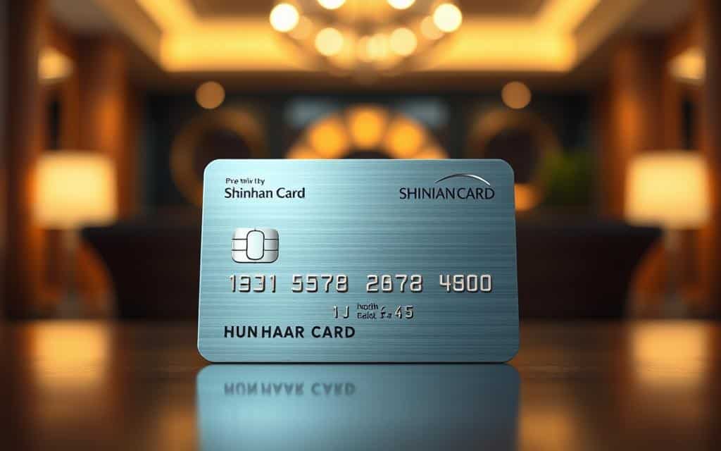 A close-up, high-resolution photograph of the Shinhan Card Mr. Life credit card in a warm, inviting atmosphere. The card is positioned centrally, its sleek metallic surface gleaming under soft, diffused lighting, accentuating the elegant design details. The background is blurred, creating a sense of depth and focus on the card. The composition is balanced, with the card taking up a significant portion of the frame, showcasing its premium, modern appearance. The overall mood is sophisticated and refined, reflecting the card's target audience and its core features of optimizing monthly fixed expenses.