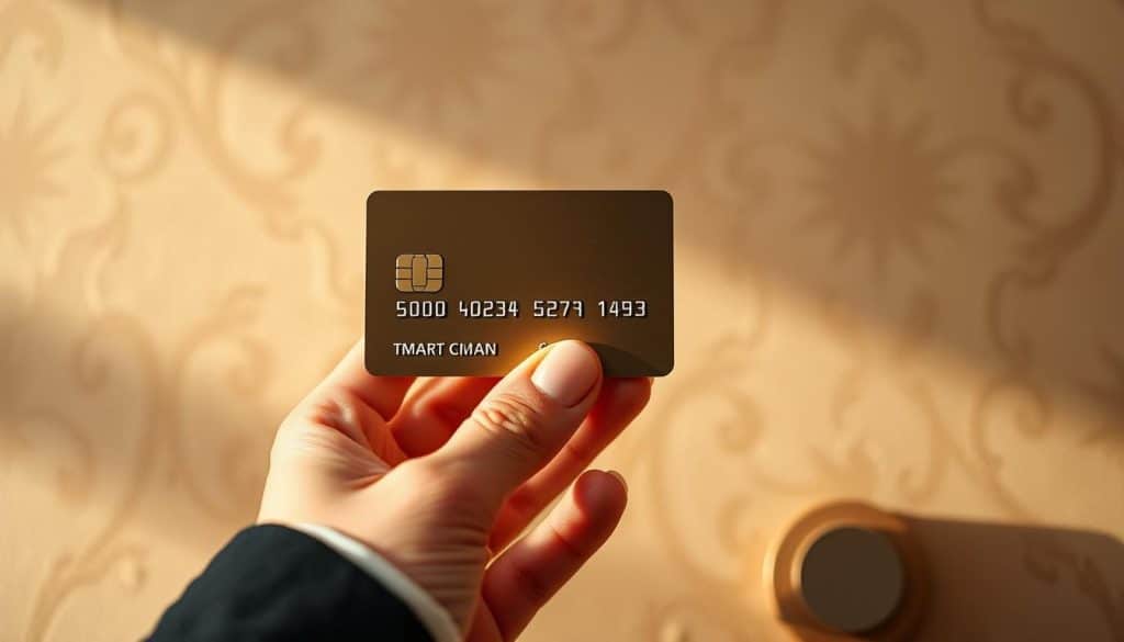 A high-end, elegantly designed credit card held in a well-manicured hand, against a backdrop of luxurious textures and sophisticated patterns. The card's surface gleams with a premium metallic finish, catching the soft, warm light that illuminates the scene. The image conveys a sense of exclusivity, prestige, and the privileges associated with a premium financial product. The overall composition is balanced, with the card as the focal point, surrounded by subtle yet sophisticated visual elements that heighten the sense of quality and refinement.