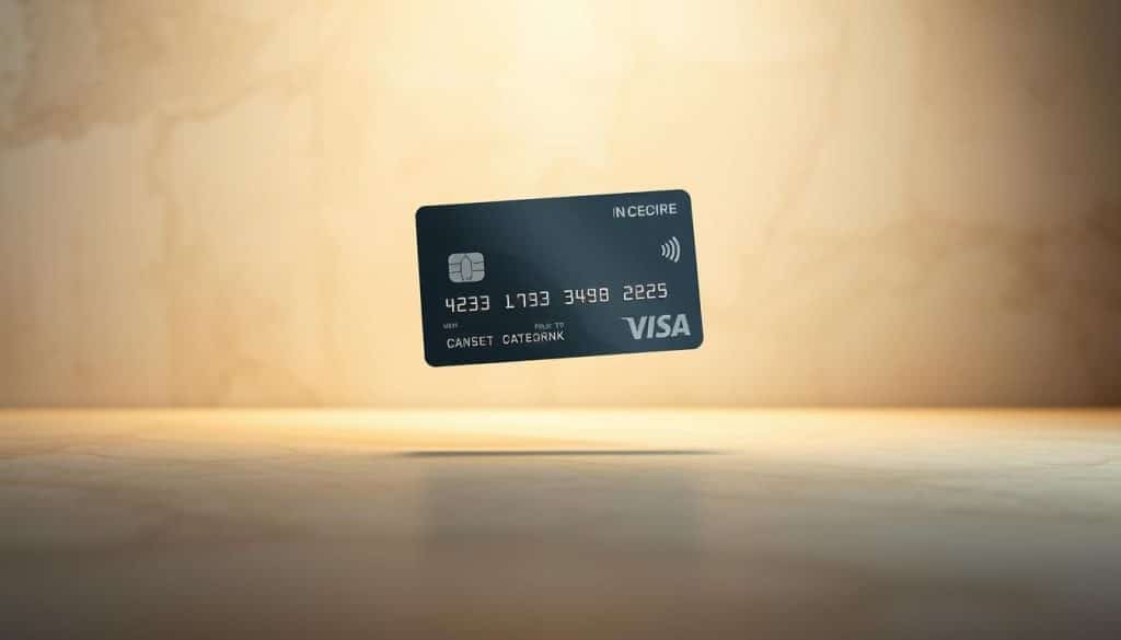 A high-end, luxury credit card with a sleek, minimalist design, casting a soft, warm glow. The card hovers against a backdrop of muted, elegant textures, evoking a sense of exclusivity and refined sophistication. Subtle, metallic accents reflect the premium nature of the offering, while a muted color palette suggests an air of understated luxury. The composition should convey the card's distinctive benefits and privileges, appealing to discerning, affluent individuals seeking a premium lifestyle experience.
