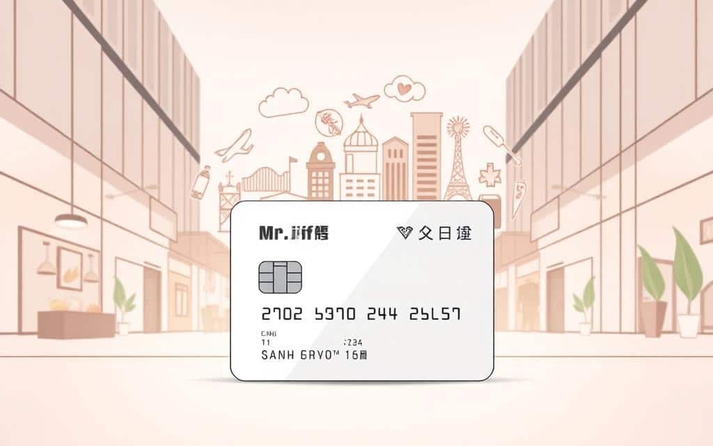 A high-quality, detailed illustration of the "신한카드 Mr.Life" credit card, showcasing its key benefits. The image should feature the card design in the foreground, with a clean, minimalist style. In the middle ground, depict various lifestyle icons or symbols representing the card's perks, such as travel, dining, shopping, entertainment, etc. The background should have a modern, urban setting with clean lines and a slightly muted color palette to create a sophisticated, premium atmosphere. Use realistic lighting and shadows to give the image a sense of depth and realism. Convey a sense of elegance, convenience, and the lifestyle experiences the card provides.