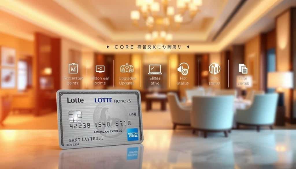 A luxurious, high-end credit card design showcasing the core benefits of the Lotte Hilton Honors American Express card. In the foreground, a sleek, metallic card with the Lotte and Amex logos prominently displayed, set against a soft, warm lighting. In the middle ground, an array of icons and graphics illustrating the key perks such as accelerated Hilton points earning, room upgrades, and elite status. The background features a blurred, elegant hotel lobby setting, with plush furnishings and chandeliers, conveying a sense of premium travel and hospitality. The overall mood is one of sophistication, exclusivity, and the promise of exceptional experiences for the cardholder.