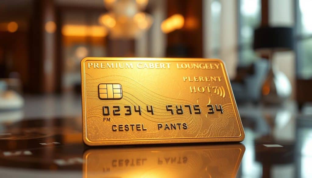 A luxurious, high-end credit card made of premium materials, gently reflecting the light under a warm, golden hue. The card's surface is adorned with intricate, embossed details, conveying a sense of refined elegance. The composition places the card in the center, with a soft, blurred background that suggests an upscale, sophisticated environment, such as a hotel lobby or a private banking lounge. The lighting is carefully curated, creating subtle shadows and highlights that accentuate the card's premium design and texture. The overall mood is one of exclusivity, prestige, and the pursuit of a discerning, high-end lifestyle.