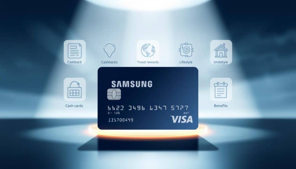 A modern, minimalist illustration of the benefits and features of the Samsung Card iD service. The foreground shows a clean, sleek credit card with the Samsung iD logo, surrounded by a subtle glow. The middle ground depicts abstract icons and graphics representing the key perks like cashback, travel rewards, and lifestyle benefits. The background has a softly blurred, gradient-filled composition with a sophisticated, subdued color palette of blues, greys, and silvers, evoking a sense of elegance and technology. Dramatic, directional lighting casts dramatic shadows, highlighting the card's form and the informational icons. The overall mood is one of sophistication, convenience, and the seamless integration of financial services into daily life.
