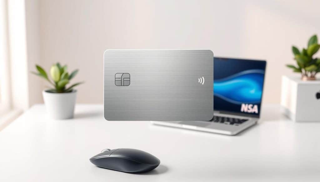 A sleek and modern Samsung ID card floating above a stylish minimalist workspace. The card is rendered in a shimmering metallic finish, with clean lines and a subtle, elegant design. The background features a clean, white desktop with a laptop, a wireless mouse, and a potted plant, creating a serene and productive environment. Soft, diffused lighting from above casts a warm glow on the scene, highlighting the card's premium quality. The overall composition conveys a sense of effortless sophistication and the image's purpose is to showcase the card's smart, lifestyle-enhancing benefits.