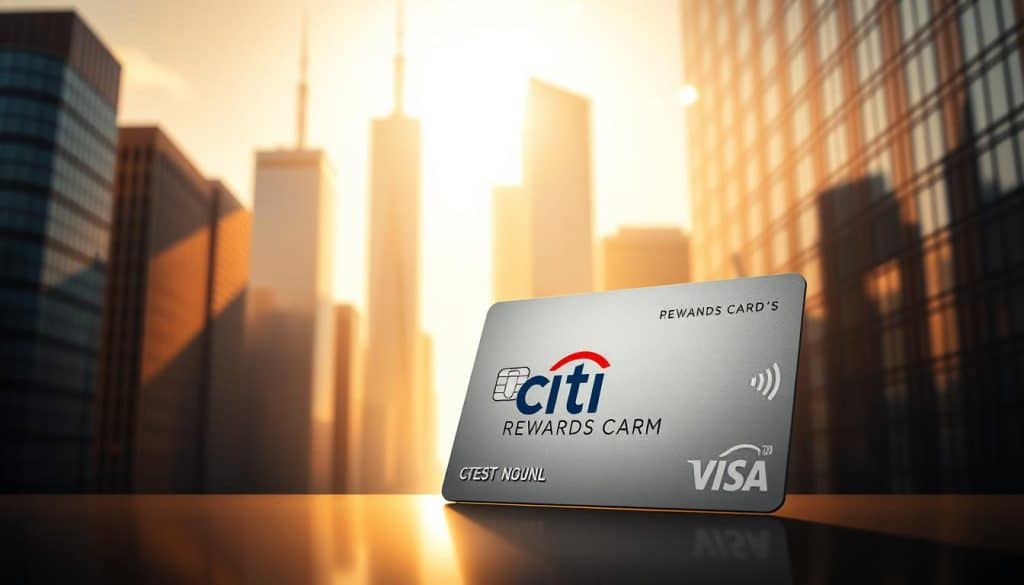 A sleek and modern cityscape backdrop, with towering skyscrapers casting long shadows. In the foreground, a prominent credit card with the Citi logo and a stylized reward program design, capturing the essence of global financial benefits. Warm, golden lighting illuminates the scene, conveying a sense of prestige and affluence. The card is positioned at a dynamic angle, drawing the viewer's eye towards the key details. The overall composition exudes a sophisticated, metropolitan atmosphere, highlighting the exclusive nature of the Citi Rewards Card program.