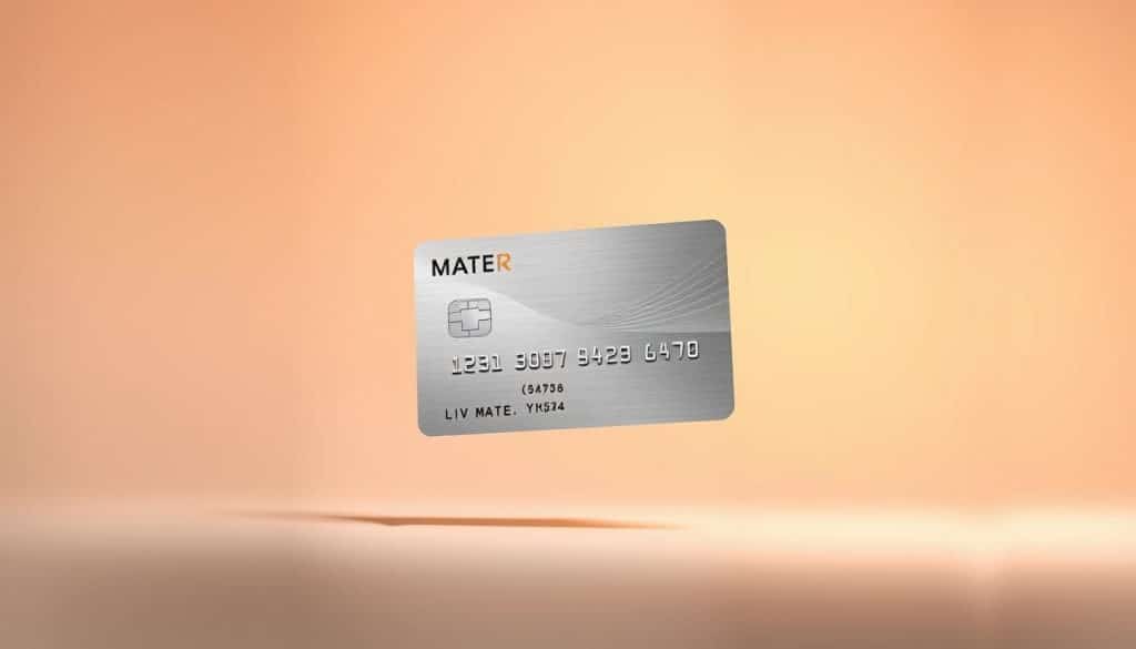 A sleek and modern credit card design, the KB Liiv MATE card floats against a clean, minimalist background. The card's metal body gleams under warm studio lighting, casting subtle shadows that accentuate its elegant curves. In the foreground, the card's key features are prominently displayed, including its contactless payment icon and discreet branding. The background fades into a soft, blurred gradient, directing the viewer's focus to the card itself. This image conveys the card's premium quality, advanced functionality, and the sense of sophistication associated with the Liiv MATE brand.