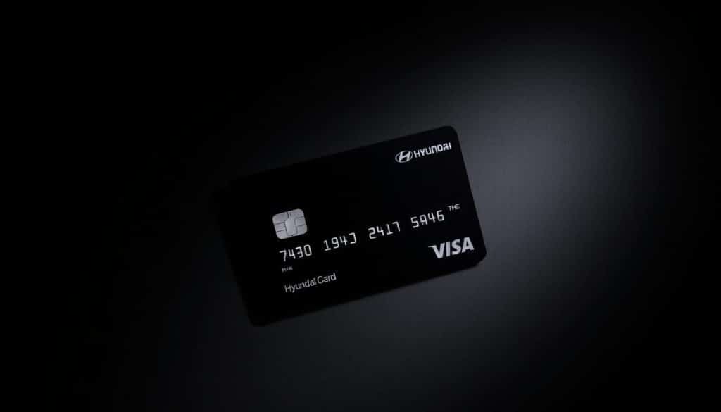 A sleek, minimalist image showcasing the exclusive nature of the Hyundai Card The Black. Crisp, high-contrast lighting highlights the clean, monochrome design of the card, its metallic surface gleaming against a dark, sophisticated background. The card is positioned prominently, conveying a sense of prestige and luxury. The overall composition exudes a sense of refined elegance and understated exclusivity, reflecting the card's status as an invitation-only offering.