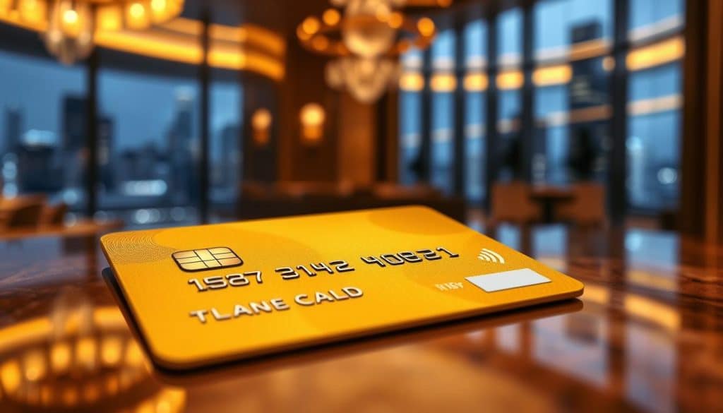 A sophisticated, high-end credit card with a gleaming golden surface, capturing the essence of premium travel and lifestyle benefits. The card's surface reflects the opulent ambiance of a luxurious hotel lobby, with a crisp, inviting lighting design that illuminates the intricate details. In the background, a blurred cityscape suggests the global reach and exclusivity of the card's offerings. The composition emphasizes the card's premium status, conveying a sense of prestige and elevated experiences for the discerning cardholder.