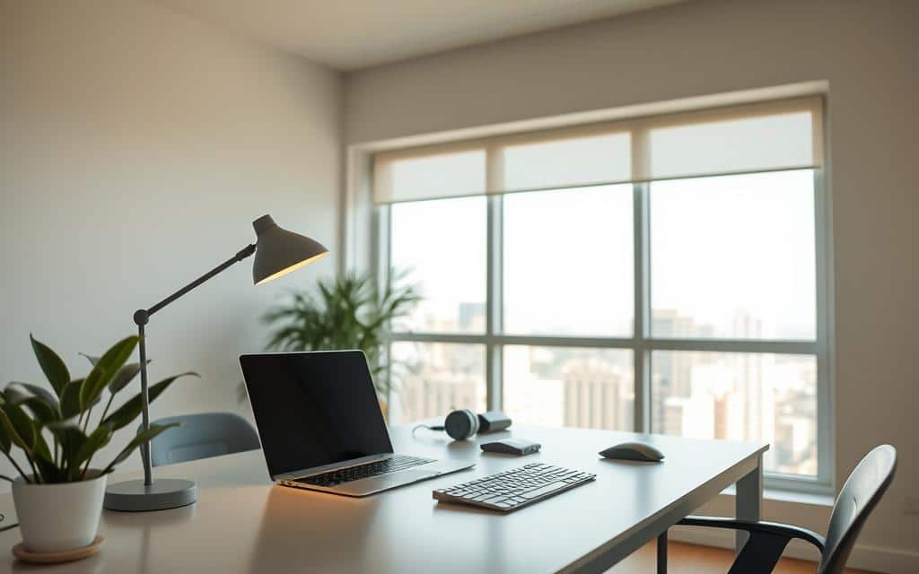 A modern home office with a sleek, minimalist desk setup. On the desk, a laptop, a stylish desk lamp, and various tech accessories like a wireless mouse and keyboard. The background features a large window overlooking a cityscape, allowing natural light to flood the space. The walls are painted a calming neutral tone, and a potted plant adds a touch of greenery. The overall atmosphere conveys a sense of productivity, efficiency, and the seamless integration of technology in the remote work environment.