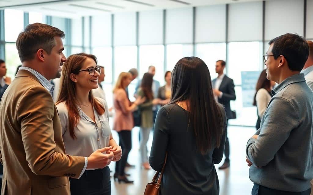 A professional networking event in transition. The scene depicts a diverse group of individuals gathered in a spacious, well-lit conference room. In the foreground, two people engage in a lively conversation, their body language suggesting an exchange of ideas and making connections. In the middle ground, a small cluster of attendees stand in a semicircle, listening intently to a speaker gesturing animatedly. The background features a wall of windows, allowing natural light to filter in and create a sense of openness and opportunity. The overall atmosphere conveys a sense of progress, change, and the power of building meaningful relationships during periods of professional transition.