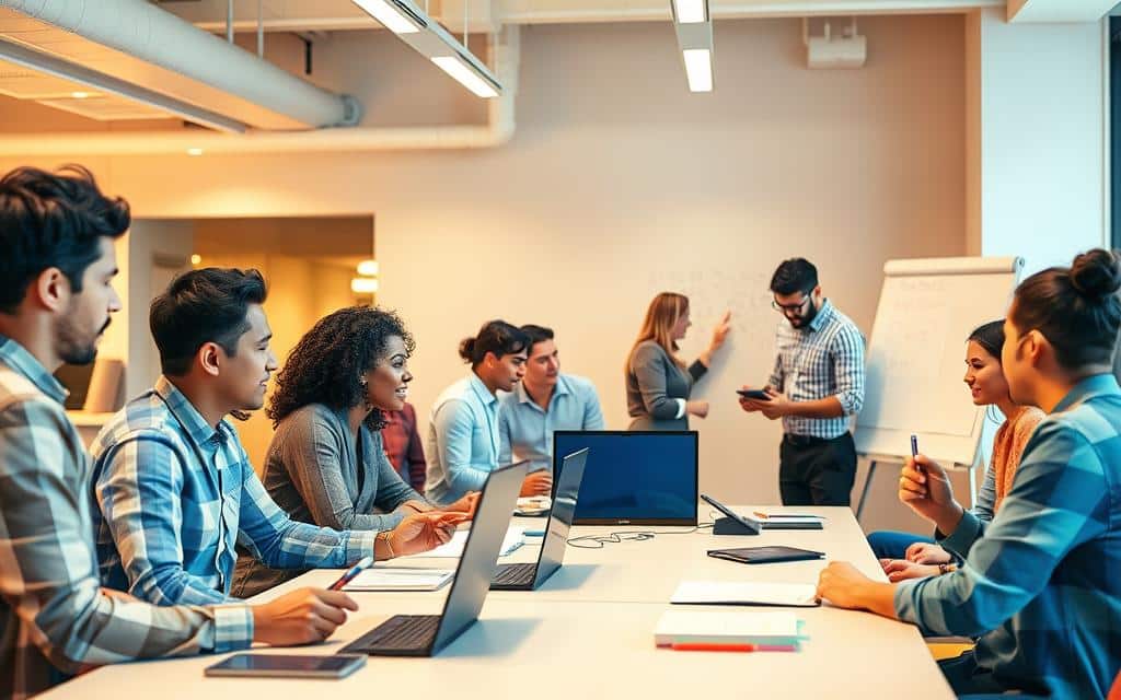 A vibrant scene of a diverse team collaborating in a well-lit, open-concept office space. In the foreground, coworkers engage in a lively discussion around a long conference table, gesturing animatedly as they brainstorm ideas. The middle ground showcases colleagues working together on shared digital displays, their expressions focused and determined. In the background, the team gathers around a whiteboard, problem-solving with markers in hand. Warm, diffused lighting creates a productive, energetic atmosphere, capturing the essence of effective teamwork.
