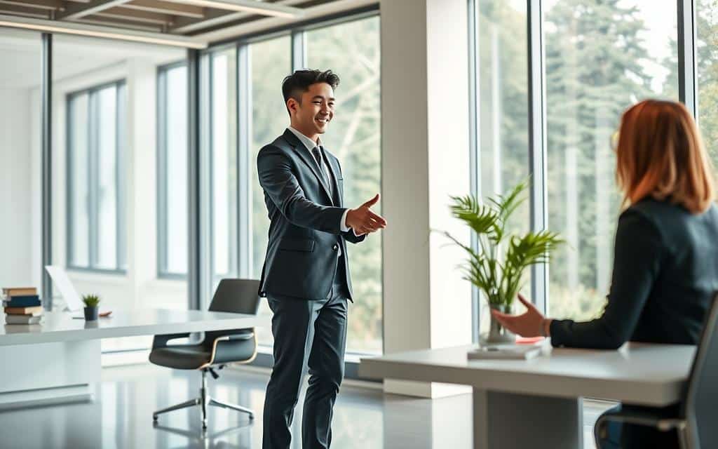 A young professional standing confidently in a modern office, dressed in a sharp suit, engaging in a handshake with a hiring manager. The setting features a sleek desk, minimalist decor, and large windows providing abundant natural light. An atmosphere of opportunity and growth pervades the scene, conveying the idea of an impressive first impression and a successful job interview. The overall mood is one of optimism, professionalism, and the excitement of taking the first step into a fulfilling career.