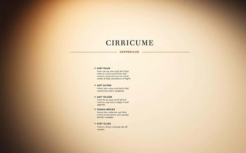 An elegant curriculum vitae showcasing professional experience. A clean, minimalist design features a central column with a timeline of past roles, each with concise bullet points highlighting key responsibilities and achievements. The background is a soft, off-white paper texture, subtly conveying a sense of quality and attention to detail. Muted, warm lighting casts a gentle glow, creating depth and a professional atmosphere. The overall composition is balanced, drawing the viewer's eye to the central content while maintaining a sense of sophistication and polish.
