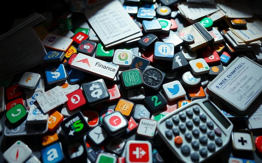 A chaotic desktop littered with finance apps, their icons scattered haphazardly. Overdue bills, missed notifications, and a calculator displaying a worrying budget deficit. The lighting is harsh, casting deep shadows that convey a sense of stress and disorganization. The overall composition is slightly off-center, reflecting the lack of control the user has over their financial management. The mood is one of frustration and anxiety, a cautionary tale of the common missteps people make when relying on finance apps without a clear strategy.