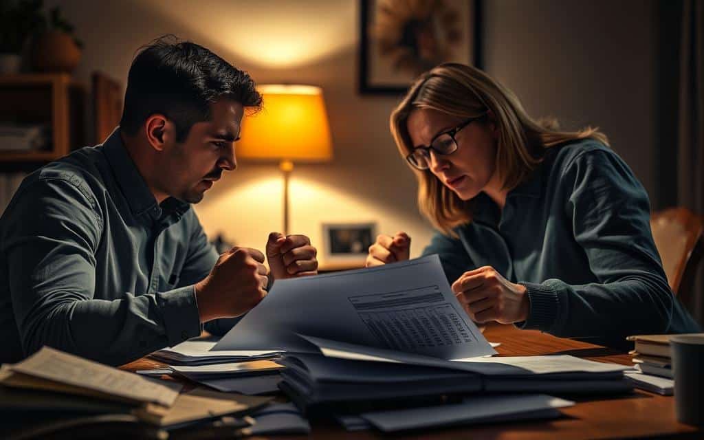A couple arguing passionately over financial documents on a cluttered desk, backlit by a warm lamp casting dramatic shadows. The foreground is intense, with clenched fists and furrowed brows, while the background is blurred and muted, suggesting the couple is isolated in their conflict. The lighting is soft and moody, creating an atmosphere of tension and unresolved issues. The scene conveys the weight and emotion of financial disagreements within a relationship, without any overt text or symbols.