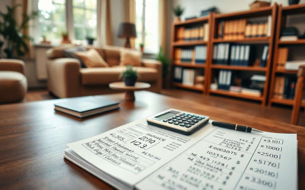 A cozy home interior with a focus on personal finance management. A warm, inviting living room with natural lighting pouring in from large windows. On the coffee table, a calculator, a pen, and a notebook filled with handwritten budget notes and calculations. Shelves in the background hold financial books and folders, conveying an atmosphere of organized financial planning. The overall mood is one of calm, thoughtful control over one's personal economy. The camera angle is slightly elevated, giving a bird's-eye view of the scene, emphasizing the sense of order and oversight.
