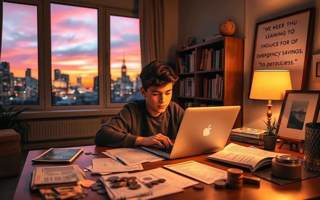 A cozy home interior with a large window overlooking a peaceful city skyline at dusk. In the foreground, a young person sits at a desk, intensely focused on a laptop and financial documents, surrounded by carefully organized bills, coins, and a digital savings tracker. The lighting is warm and ambient, creating a contemplative atmosphere. In the middle ground, a bookshelf filled with financial planning guides and a framed inspirational quote about the importance of emergency savings. The background features a cityscape silhouetted against a vibrant sunset, hinting at future stability and security. The overall scene conveys a sense of diligence, responsibility, and a thoughtful approach to building financial resilience.