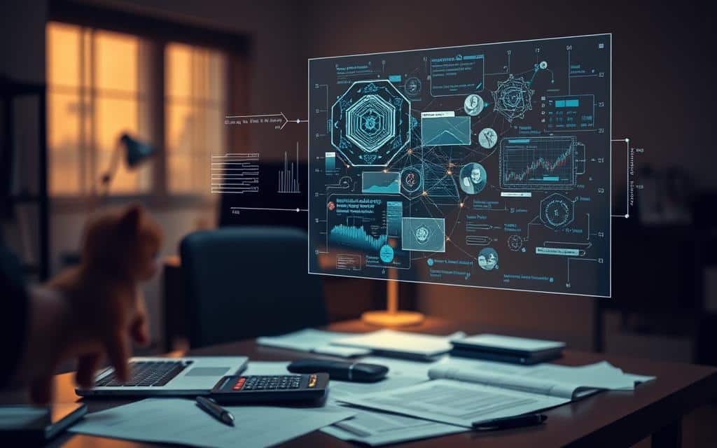 A dimly lit office space, with a desk and chair in the foreground. On the desk, a laptop, calculator, and scattered financial documents, hinting at the challenges of implementing AI in the financial sector. In the middle ground, a holographic display showcases complex algorithms and data visualizations, symbolizing the advanced technological capabilities required. The background is blurred, creating a sense of focus on the central task at hand. Warm, muted lighting casts subtle shadows, evoking a thoughtful, introspective atmosphere as the financial professionals navigate the complexities of AI integration.