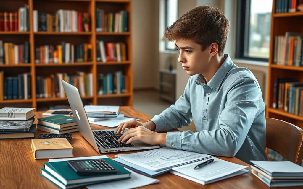 A high-resolution, photorealistic image of a young person sitting at a wooden desk, concentrating on a laptop computer and financial documents. The desk is surrounded by books, a calculator, and various financial tools. The background features a bookshelf filled with finance-related books, and a window overlooking a cityscape, suggesting an educational or professional setting. The lighting is soft and natural, creating a calm and focused atmosphere. The overall composition conveys the idea of financial education and personal finance management.