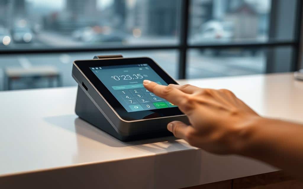 A modern digital payment terminal rests on a sleek countertop, its intuitive touch screen interface illuminated by soft, diffused lighting. The terminal's clean, minimalist design seamlessly blends with the surrounding environment, creating a sense of effortless integration. In the foreground, a customer's hand hovers over the terminal, ready to initiate a contactless payment, the gesture conveying a smooth and efficient transaction. The background features a subtle, blurred cityscape, hinting at the wider urban setting where this payment technology is becoming increasingly ubiquitous, reflecting the growing adoption of proximity-based payment solutions in Brazil.