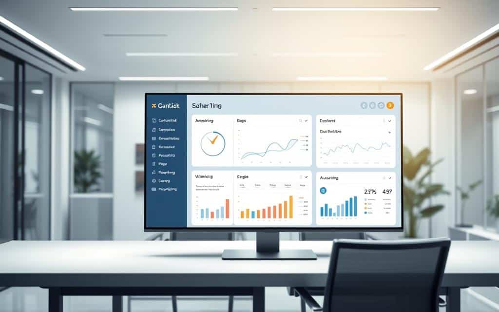 A modern, sleek financial automation platform against a backdrop of a minimalist, high-tech office environment. The platform features a clean, user-friendly interface with various interactive panels, graphs, and data visualizations. Soft, indirect lighting illuminates the scene, creating a professional and efficient atmosphere. The composition emphasizes the platform's intuitive design and the seamless integration of financial management tools. The overall impression conveys the power of automation in simplifying complex financial tasks and empowering users to take control of their finances.