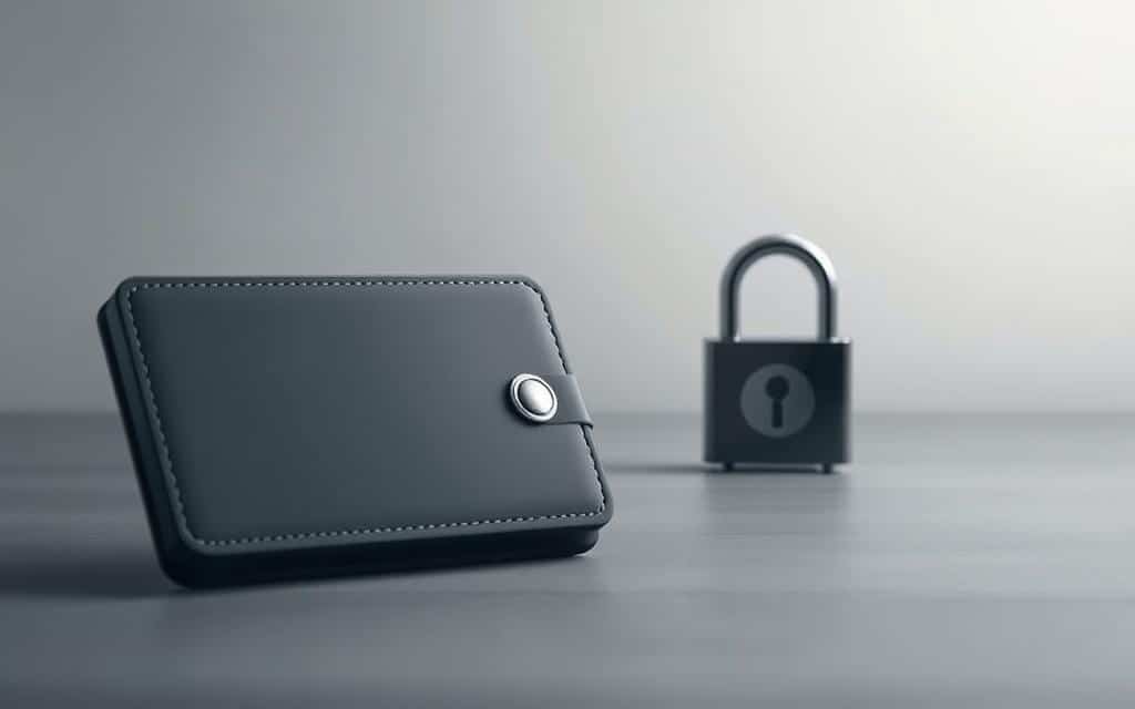 A secure digital wallet, crafted with meticulous attention to detail. In the foreground, a sleek, minimalist wallet design in a subdued, professional color palette, exuding an air of sophisticated simplicity. The middle ground features a close-up view of the wallet's locking mechanism, showcasing advanced security features that protect against unauthorized access. In the background, a subtle gradient backdrop in muted tones, evoking a sense of safety and reliability. Soft, diffused lighting illuminates the scene, creating a calming and trustworthy atmosphere. The overall composition conveys the notion of a secure, modern, and trustworthy digital wallet solution.