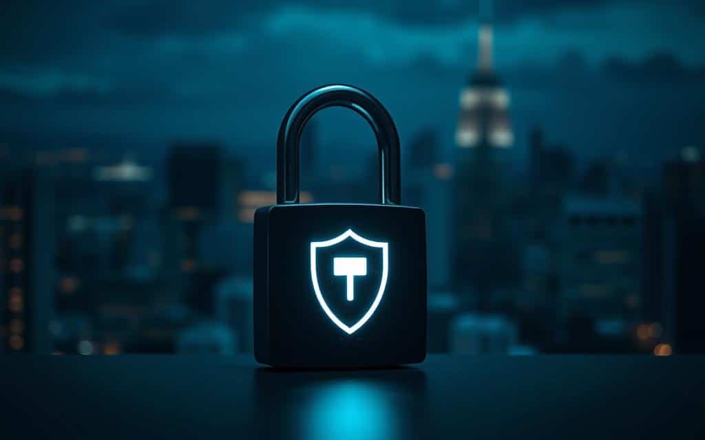 A secure, locked padlock with a shield emblazoned on its surface, symbolizing protection against fraud. The padlock is positioned prominently in the foreground, casting a soft, ambient glow against a dimly lit backdrop of a city skyline at night. The scene evokes a sense of vigilance and safeguarding personal information, conveying the importance of online security in the modern digital landscape.
