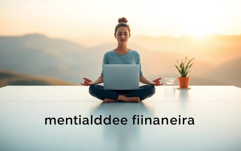 A serene, meditative scene depicting the concept of "mentalidade financeira". In the foreground, a person sits cross-legged in a peaceful, reflective pose, their face calm and focused. The middle ground features a minimalist, clean-lined workspace with a laptop, a notepad, and a potted plant, symbolizing organization and intentionality. The background is a tranquil, softly blurred landscape with rolling hills and a warm, golden-hour glow, conveying a sense of balance and perspective. The overall mood is one of mindfulness, clarity, and a holistic approach to personal finance. Soft, diffused lighting casts gentle shadows, creating a contemplative atmosphere.