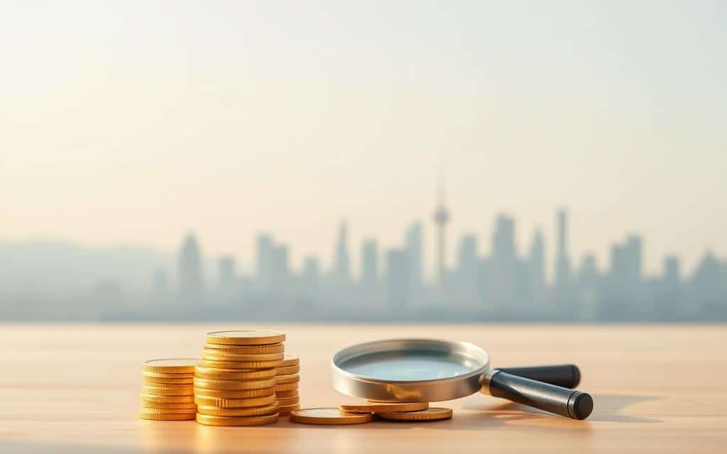 A serene, minimalist scene depicting a variety of investment opportunities. In the foreground, a stack of gold coins and a magnifying glass, symbolizing the careful research and analysis required for successful investing. In the middle ground, a chart displaying stock market fluctuations, with lines of various colors representing different investment vehicles. The background features a silhouette of a city skyline, hinting at the long-term growth potential of well-diversified investments. The lighting is soft and natural, casting a warm, inviting glow over the scene. The overall mood is one of thoughtful contemplation and the promise of financial security through prudent, long-term investing.