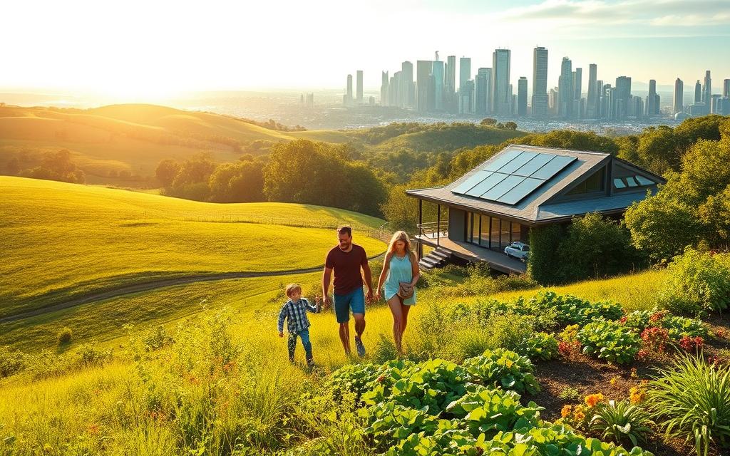 A serene, sun-dappled landscape with rolling hills and lush greenery in the foreground. In the middle ground, a modern, energy-efficient home with solar panels on the roof, blending seamlessly into the natural surroundings. In the background, a cityscape of towering skyscrapers, their glass facades reflecting the sky and the sun's warm glow. A family of three strolls through the garden, tending to their organic vegetable patch, embodying the harmony between sustainability and everyday life. The scene exudes a sense of tranquility, balance, and a commitment to eco-friendly living.
