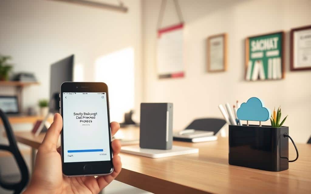 A serene, well-lit office environment with a desk, computer, and various office supplies. In the foreground, a smartphone or tablet displays a backup progress bar, highlighting the importance of data protection. The middle ground features a sturdy external hard drive and a cloud storage icon, emphasizing the need for a multi-pronged backup strategy. The background showcases a wall-mounted calendar and a framed certificate, conveying a professional, organized atmosphere. The lighting is warm and natural, creating a sense of productivity and security. The overall mood is one of diligence and proactive data management.