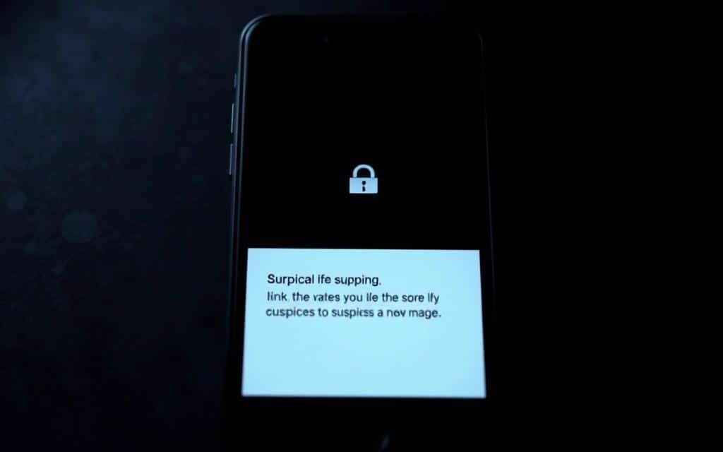 A smartphone screen displaying a warning message about a suspicious link or message, with a magnifying glass icon highlighting the potential security threat. The screen is set against a dark, foreboding backdrop, suggesting a sense of caution and vigilance. The lighting is dramatic, with harsh shadows and a moody, ominous atmosphere. The composition emphasizes the importance of being alert to potential security risks when using a mobile device for financial transactions.