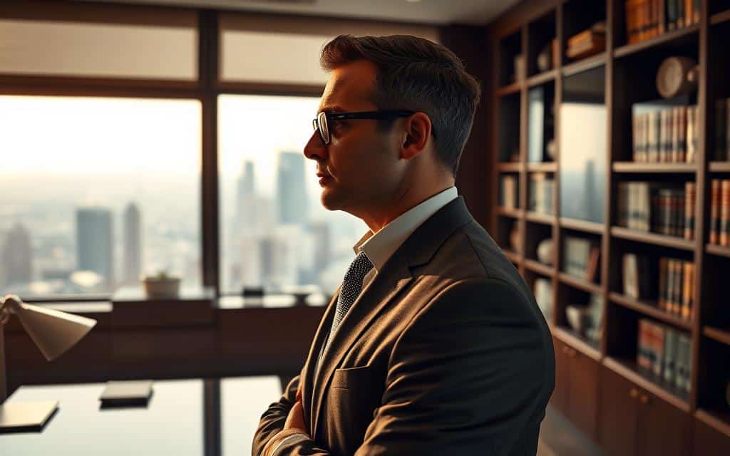 A sophisticated investor's profile, captured in a thoughtful portrait. The subject stands in a refined office setting, surrounded by the accoutrements of their craft - a sleek desk, bookshelves filled with financial tomes, and a panoramic city view in the background. Warm, directional lighting casts a pensive glow, highlighting the investor's contemplative expression. The composition is balanced, with the figure positioned centrally, conveying a sense of calm authority. The overall mood is one of focused deliberation, reflecting the careful consideration that goes into prudent investment decisions.