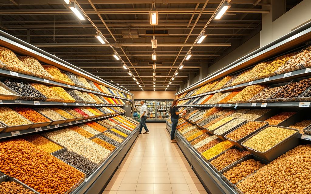 A spacious, well-lit supermarket aisle showcasing an abundance of bulk food bins. Diverse grains, legumes, nuts, and dried fruits spill out in an inviting display, their colors and textures creating a visually appealing scene. Shoppers carefully scoop ingredients into reusable containers, embracing the convenience and cost-savings of the bulk shopping experience. Overhead lighting casts a warm glow, highlighting the natural tones and organic appeal of the unpackaged goods. The aisle's clean, minimalist design and ample space convey a sense of order and efficiency, making the bulk shopping process feel effortless and enjoyable.