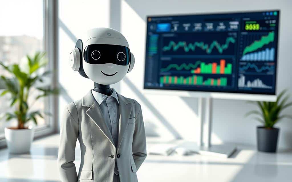 A virtual financial assistant standing in a clean, modern office environment. The assistant is a friendly, humanoid AI with a warm, approachable expression, dressed in business attire. The assistant is positioned in the foreground, with a mid-range lens and natural lighting from a large window in the background, creating a soft, diffused illumination. Behind the assistant, financial data and graphs are displayed on a sleek, minimalist computer monitor, illustrating the assistant's capabilities in financial management and analysis. The overall atmosphere conveys a sense of efficiency, organization, and the seamless integration of AI technology into everyday financial tasks.