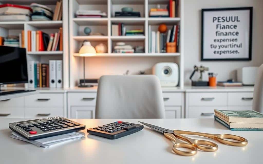 A well-lit, meticulously organized home office with a neatly arranged workspace. On the desk, a calculator, a stack of bills, and a pair of scissors symbolizing the act of "cutting expenses". The background features shelves displaying personal finance books and a framed motivational quote about financial responsibility. The overall scene conveys a sense of purposeful decluttering and a determination to regain control over one's finances.