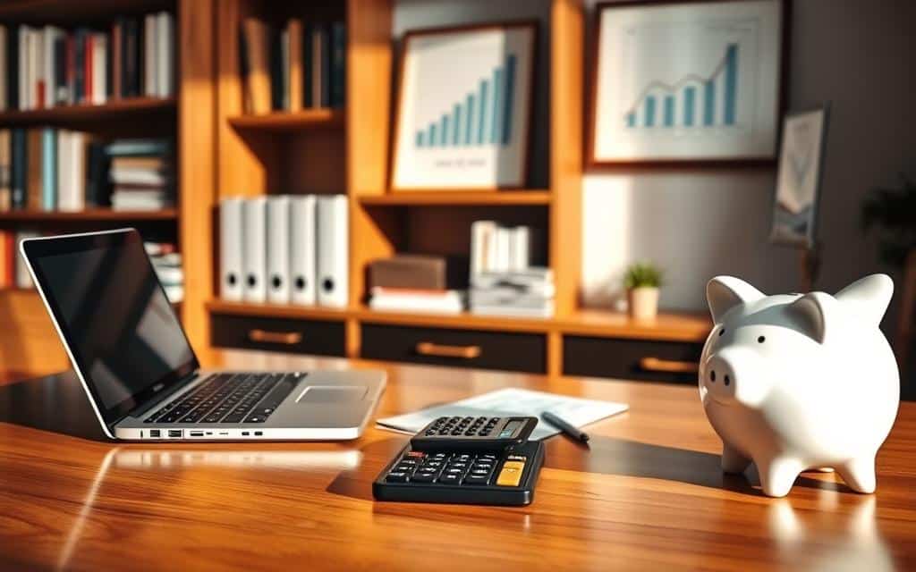 A well-organized home office with a wooden desk, a laptop, a calculator, and a piggy bank. The lighting is warm and natural, reflecting off the polished surface of the desk. In the background, a bookshelf filled with finance-related books and a framed artwork depicting a graph or chart. The overall atmosphere is one of thoughtful financial planning, with a focus on prioritizing expenses and making the most of one's monthly income.