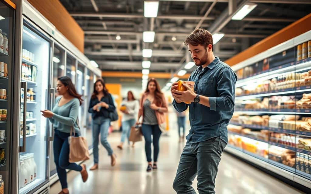 An emergency shopping scene in a modern, well-lit supermarket interior. The foreground features a person in casual clothing standing in front of an open refrigerator, hastily grabbing items like milk, eggs, and bread. The middle ground shows other shoppers moving quickly through the aisles, their expressions conveying a sense of urgency. In the background, bright overhead lighting illuminates the shelves stocked with a variety of goods, creating a clean, clinical atmosphere. The overall mood is one of spontaneity and necessity, as if the person is making a last-minute purchase before a significant event or deadline.