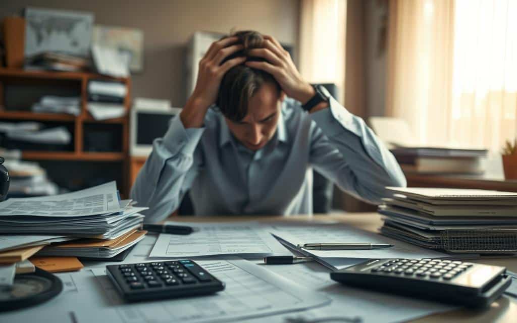 An office workspace cluttered with financial documents, calculator, and a distressed person sitting at a desk, hands on head. Warm, soft lighting from a window illuminates the scene, casting a pensive mood. The background is blurred, drawing focus to the central subject. The overall composition conveys a sense of neglect, stress, and the need to "not overlook regular financial reviews."