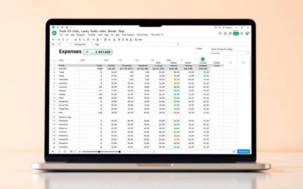 Detailed financial spreadsheet with organized expenses, income, and balance details. Clean, minimalist interface with a focus on data visualization. A sleek desktop or tablet display with a modern, professional aesthetic. Warm, subdued lighting illuminates the screen, creating a sense of productivity and control. Balanced composition with the spreadsheet as the central focal point, surrounded by clean negative space. Subtle use of grids, charts, and graphs to convey financial information at a glance. An atmosphere of thoughtful financial management and goal-oriented planning.