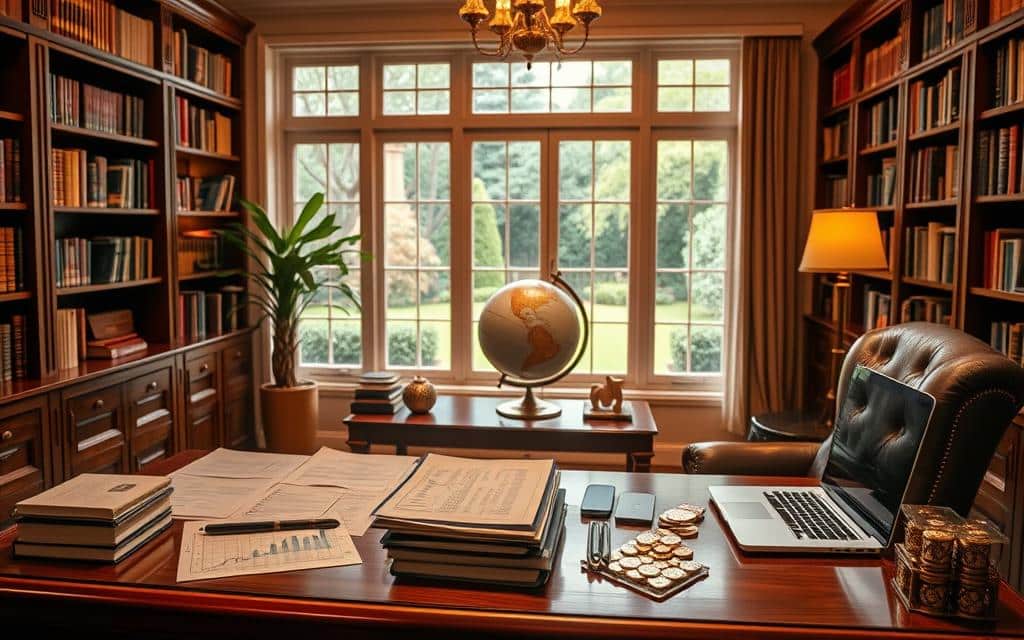 Elegant financial instruments in a refined setting. A well-appointed study, illuminated by warm, diffused lighting, with a mahogany desk and leather armchair in the foreground. On the desk, a variety of investment documents, charts, and a laptop displaying financial data. Shelves of books line the walls, creating a sense of knowledge and expertise. In the middle ground, a globe and a collection of coins and bars of precious metals suggest the global scope of investments. The background features a large window overlooking a lush, tranquil garden, symbolizing the long-term growth and stability of sound investment strategies. The overall atmosphere is one of sophistication, diligence, and the pursuit of financial security.